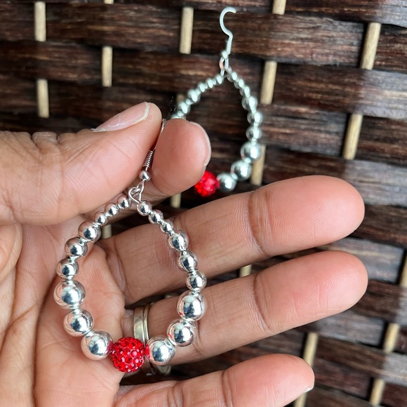 Silver and Red Bead Hoop Earrings - Picture 3 of 6